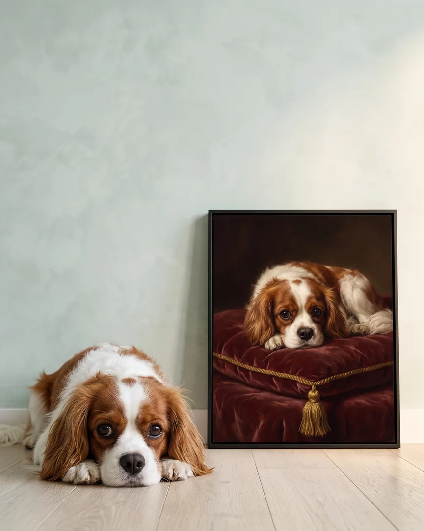 Daisy, a Cavalier King Charles spaniel, beside a black framed canvas of their own Velvet Cushion portrait.