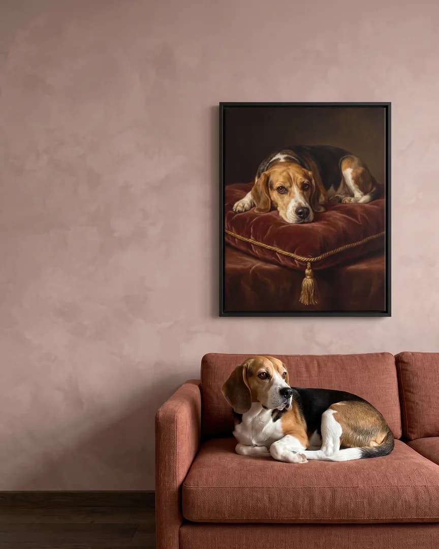 Buddy, a beagle, beside a black framed canvas of their own Velvet Cushion portrait.