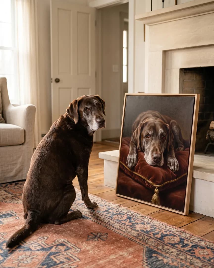 Moose, a chocolate labrador retriever, beside a natural-oak framed canvas of their own Velvet Cushion portrait.