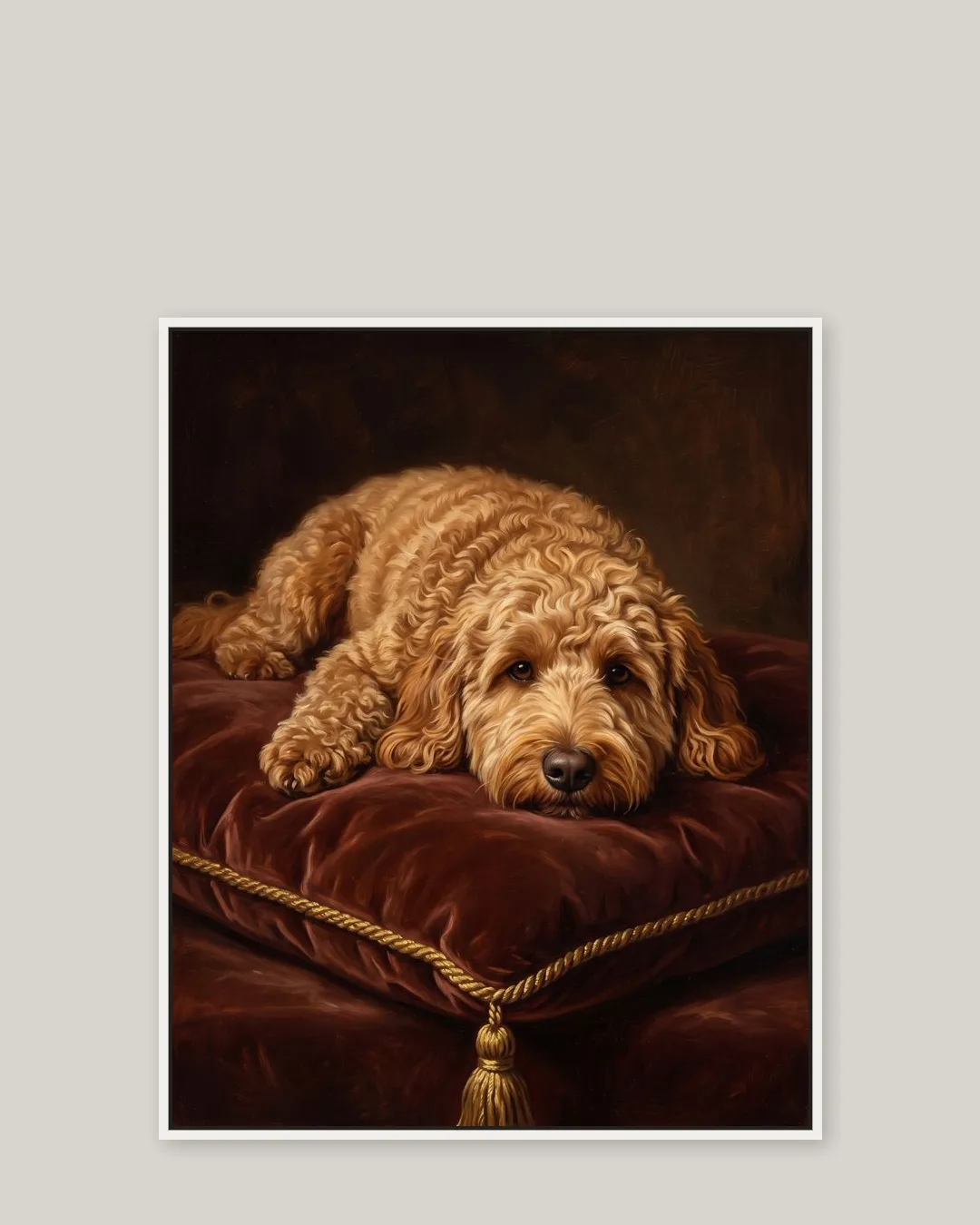 A white float-framed canvas of Teddy, a goldendoodle, in the Velvet Cushion style.
