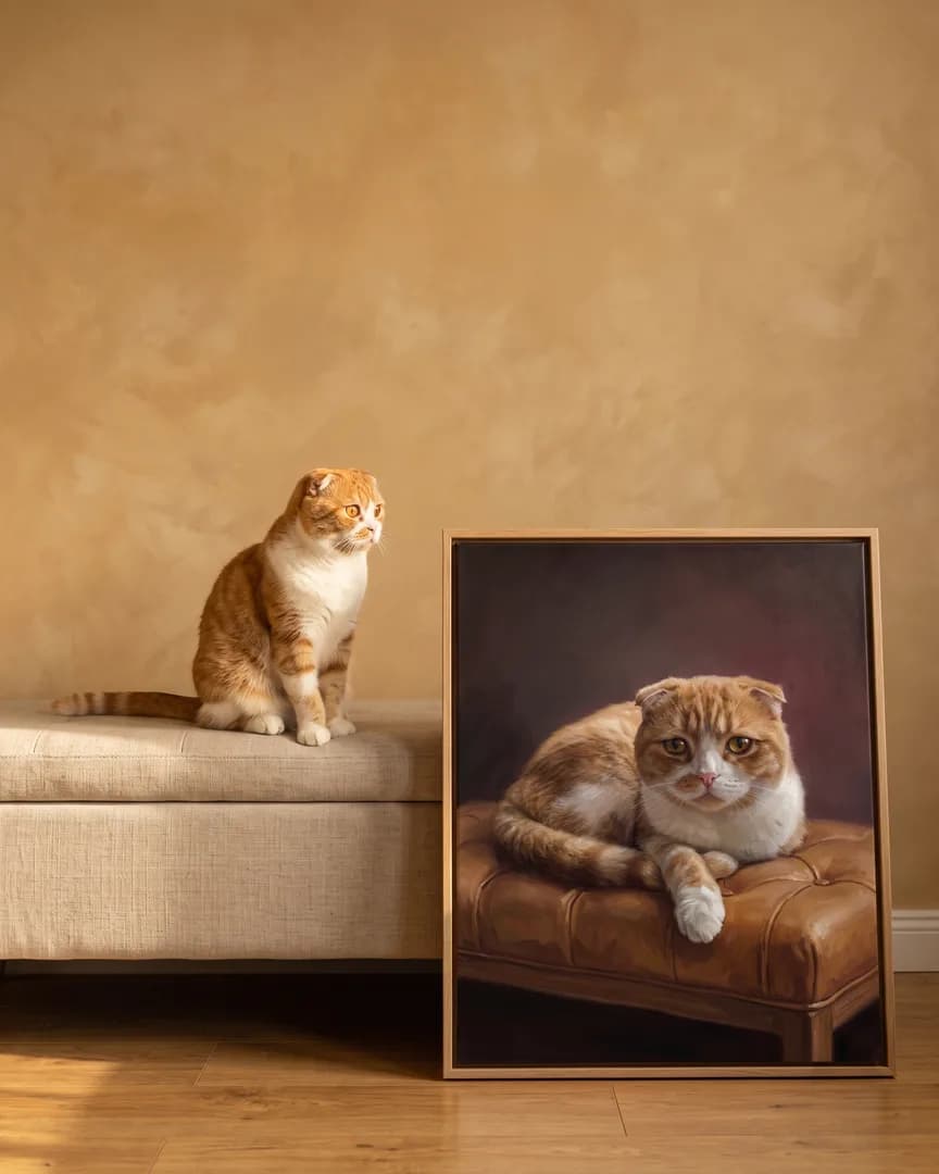 Biscuit, un chat fold écossais, à côté d'une toile encadrée en chêne naturel de son portrait Repos de velours.