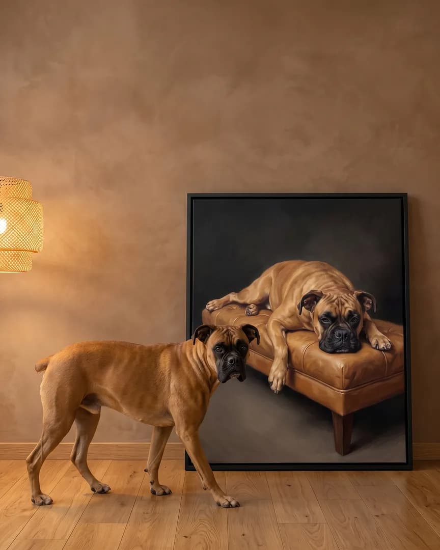 Rocco, un boxer, à côté d'une toile encadrée noire de son portrait Repos de velours.