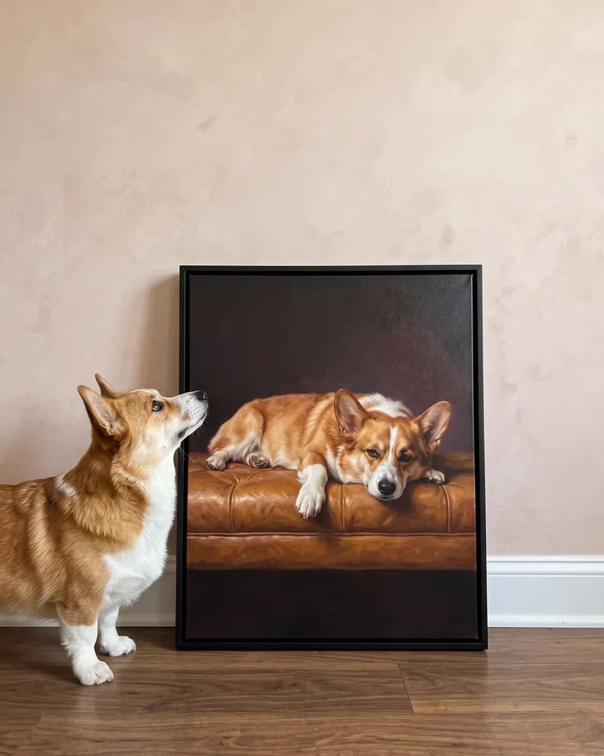 Pixel, un corgi, à côté d'une toile encadrée noire de son portrait Repos de velours.