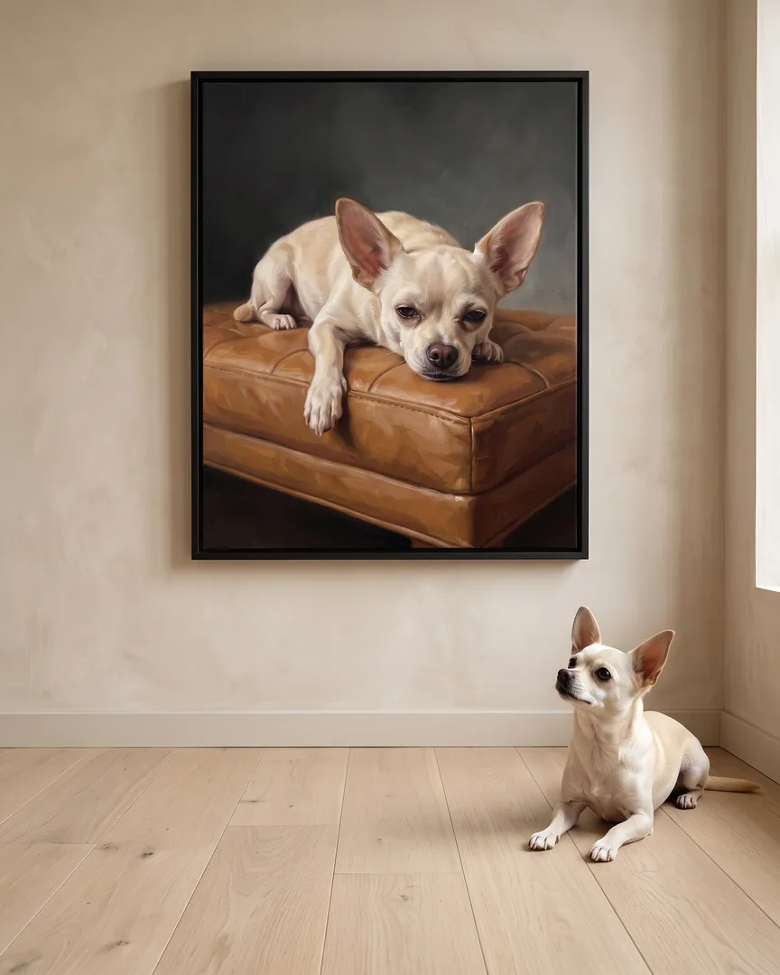 Pip, un chihuahua, à côté d'une toile encadrée noire de son portrait Repos de velours.