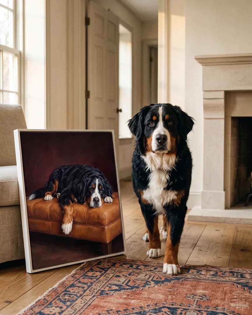 Bruno, un bouvier bernois, à côté d'une toile encadrée blanche de son portrait Repos de velours.