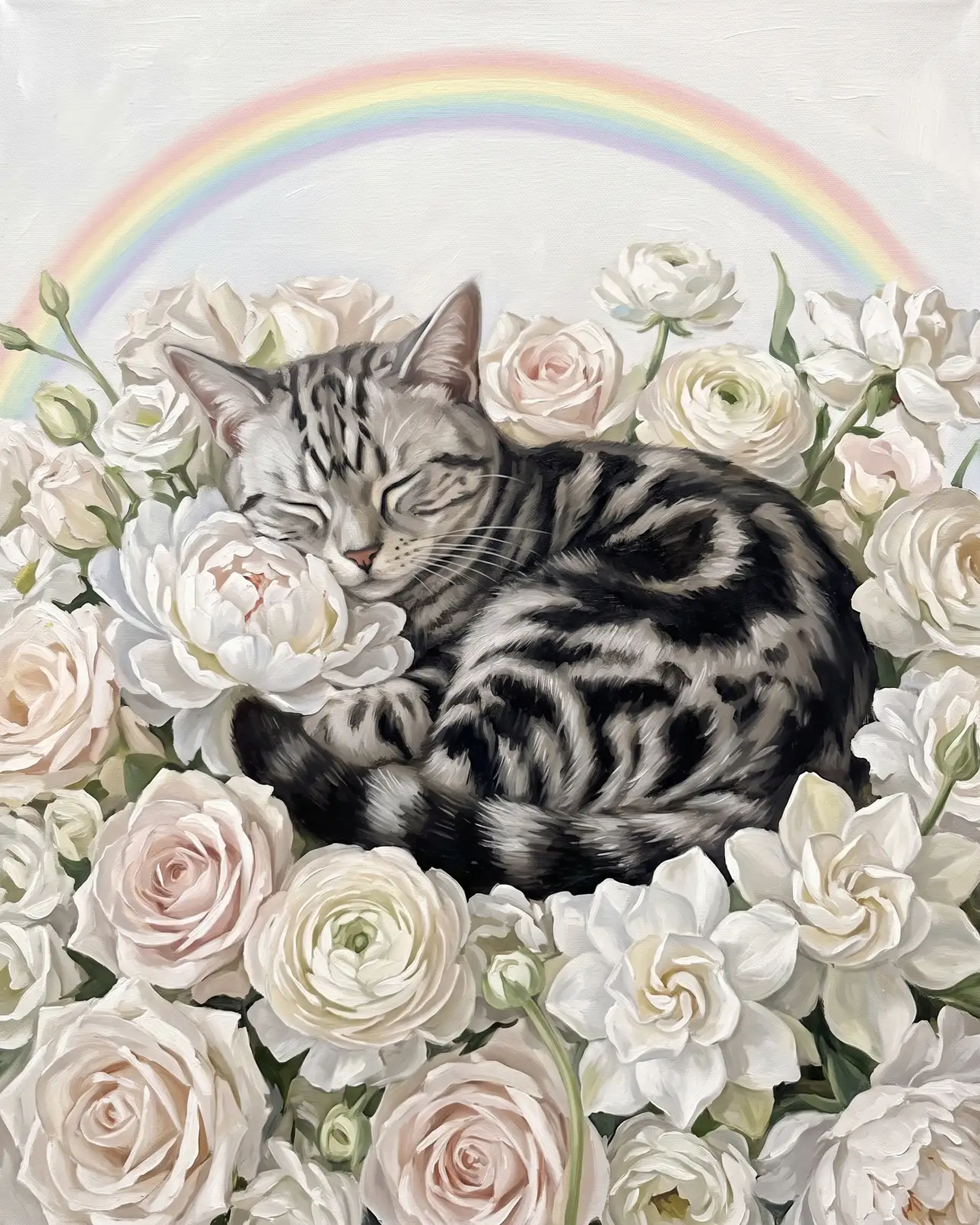 Smokey, a silver tabby domestic shorthair, White Roses example.