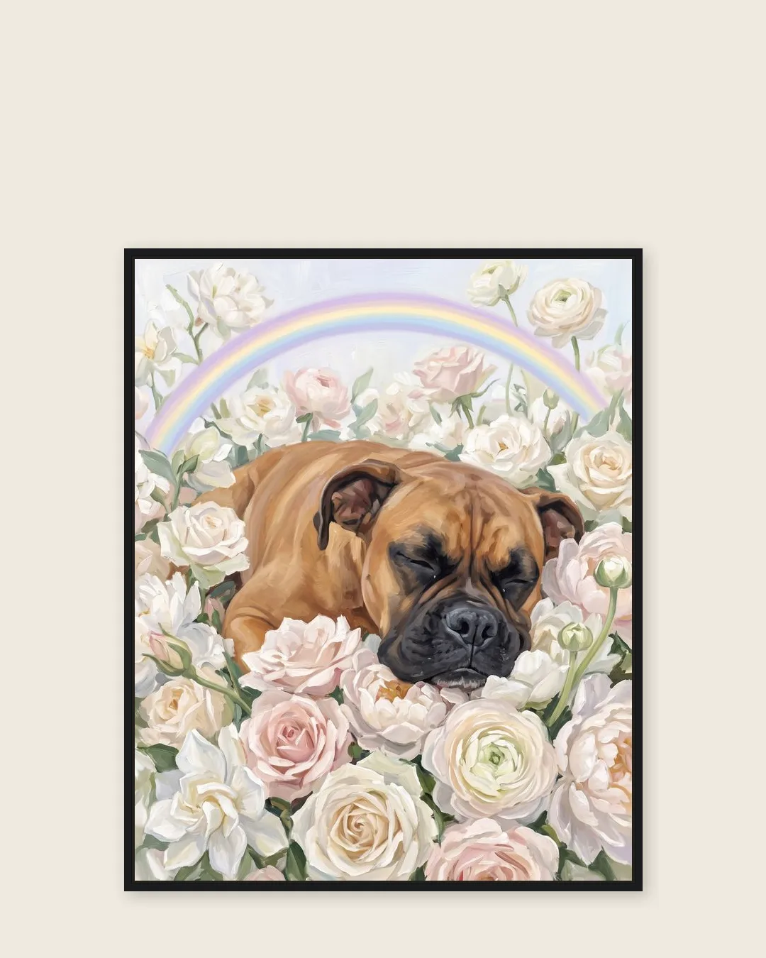 A black float-framed canvas of Rocco, a boxer, a gentle White Roses portrait kept close.