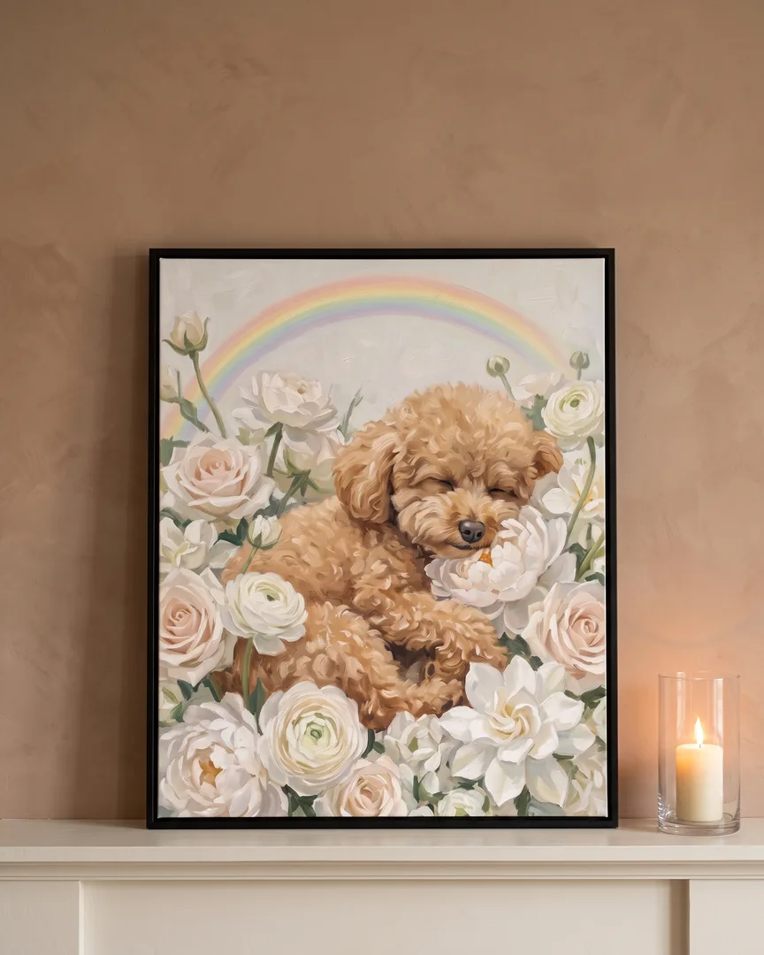A black framed canvas of Mimi, a toy poodle, a White Roses portrait, on a mantel beside a lit candle.
