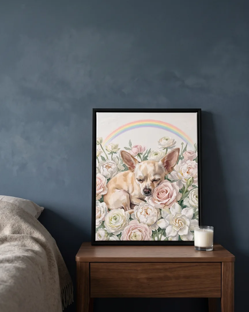 A black framed canvas of Pip, a chihuahua, a White Roses portrait, on a bedside table beside an unlit candle.