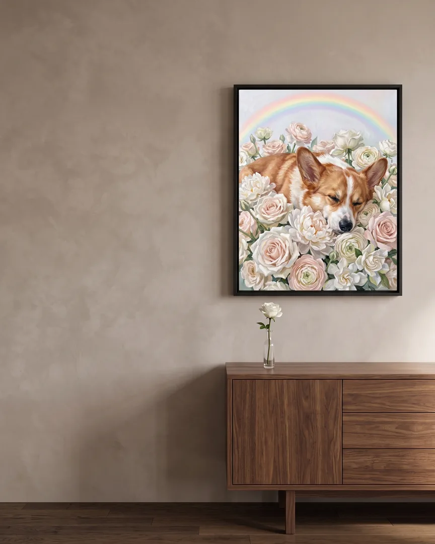 A black framed canvas of Pixel, a Pembroke Welsh corgi, a White Roses portrait, hung above a sideboard.