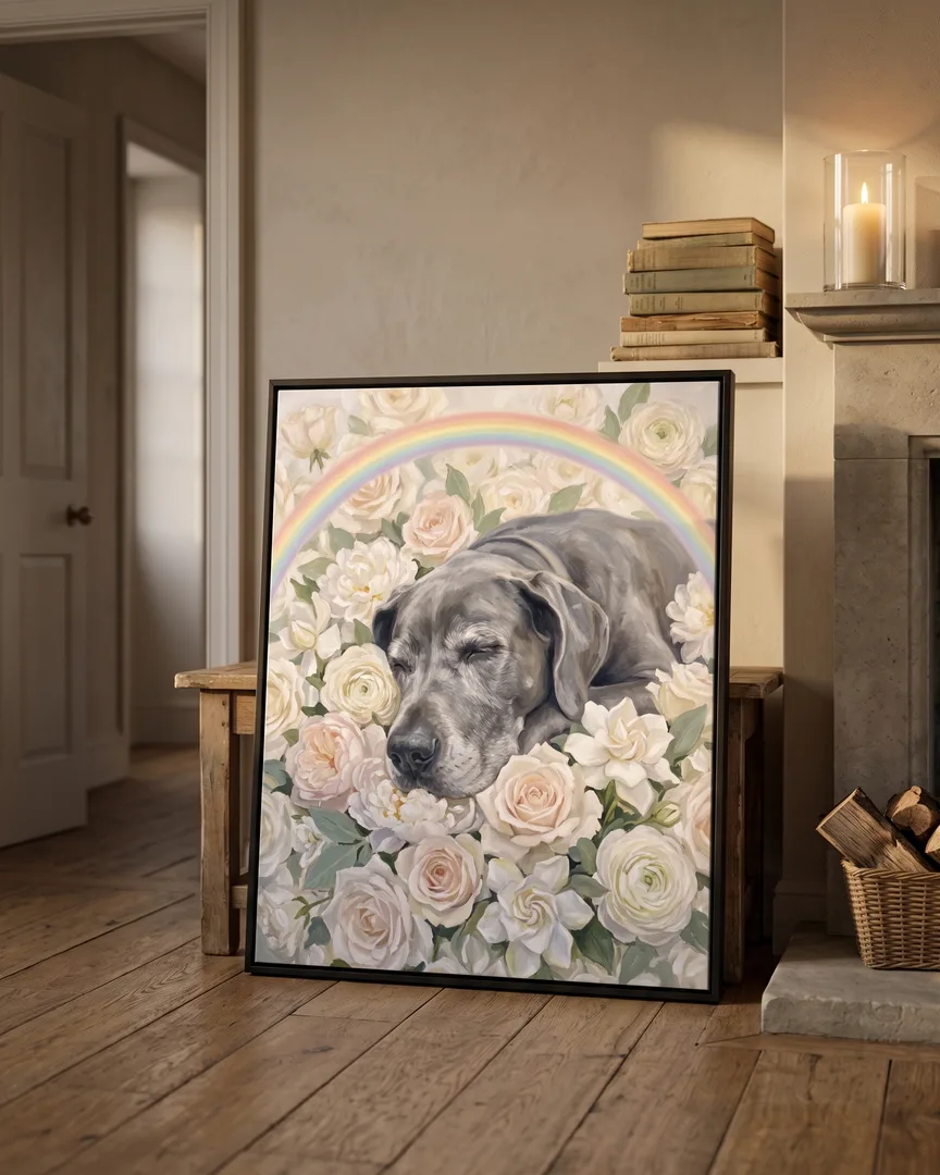 A black framed canvas of Duke, a Great Dane, a White Roses portrait, leaning on a stone hearth beside a lit candle.