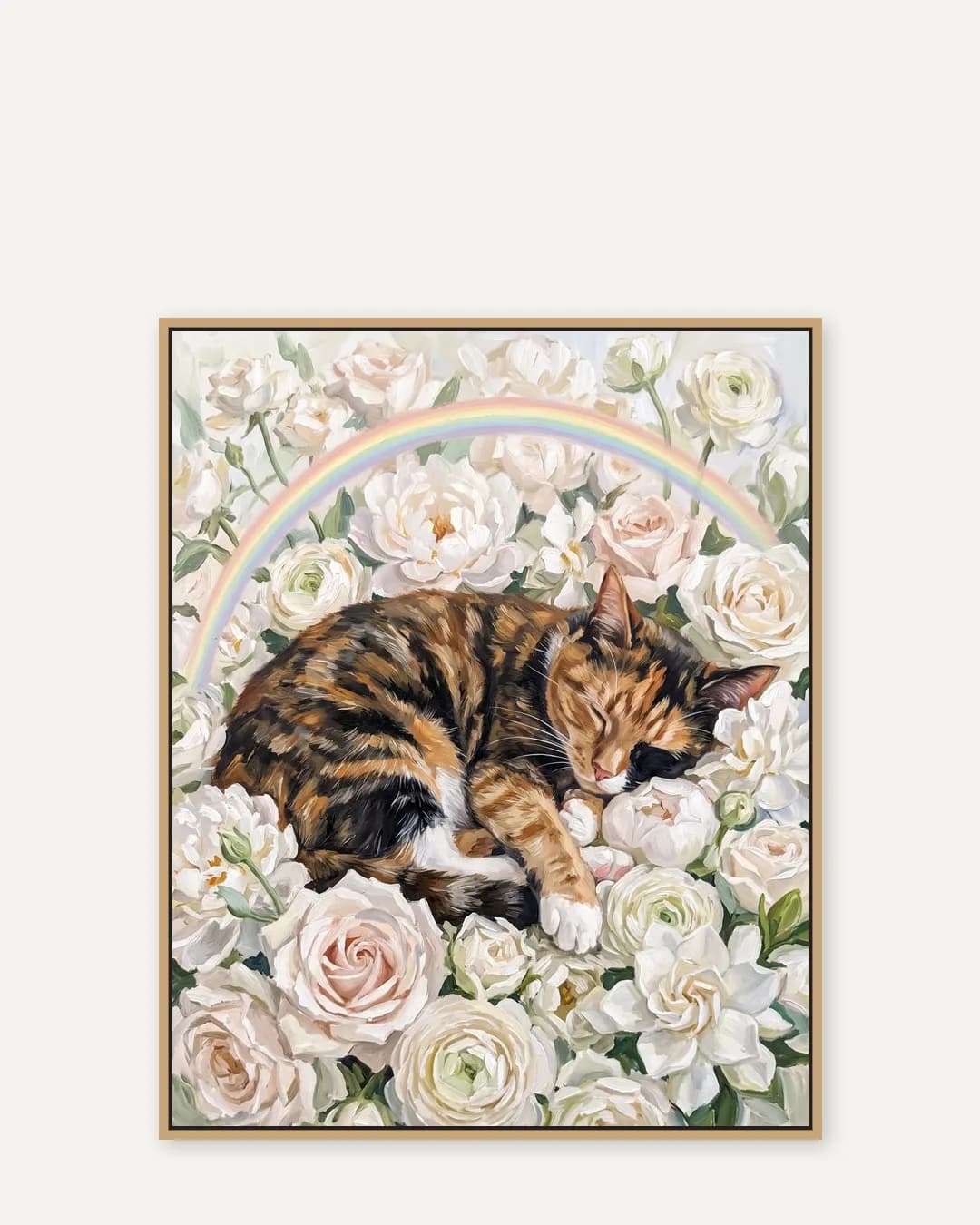 A natural-oak float-framed canvas of Patch, a calico domestic shorthair, a gentle White Roses portrait kept close.