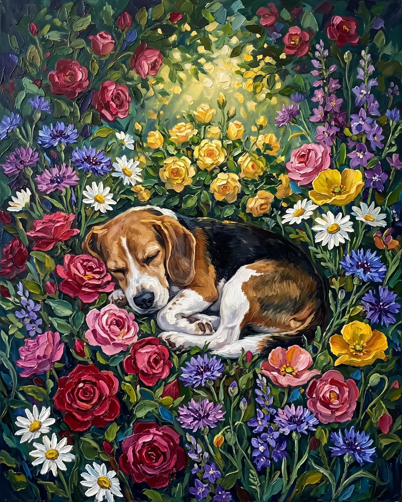 Buddy, a beagle, Wildflower Rest example.