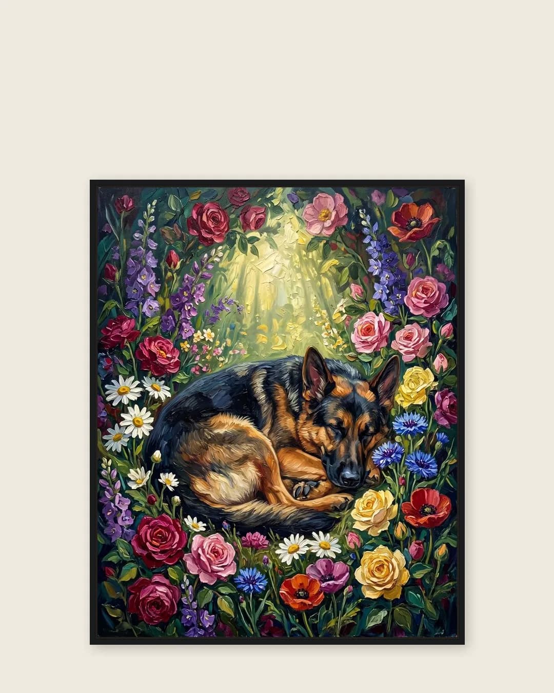 A black float-framed canvas of Rex, a German shepherd, a gentle Wildflower Rest portrait kept close.