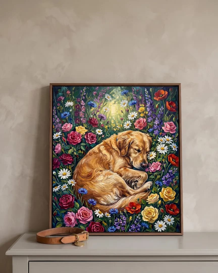 A brown framed canvas of Sunny, a golden retriever, a Wildflower Rest portrait, on a chest of drawers beside a collar.