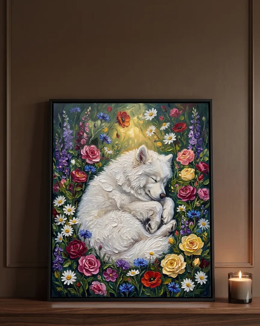 A black framed canvas of Snowy, a Samoyed, a Wildflower Rest portrait, on a walnut mantel beside a lit candle.
