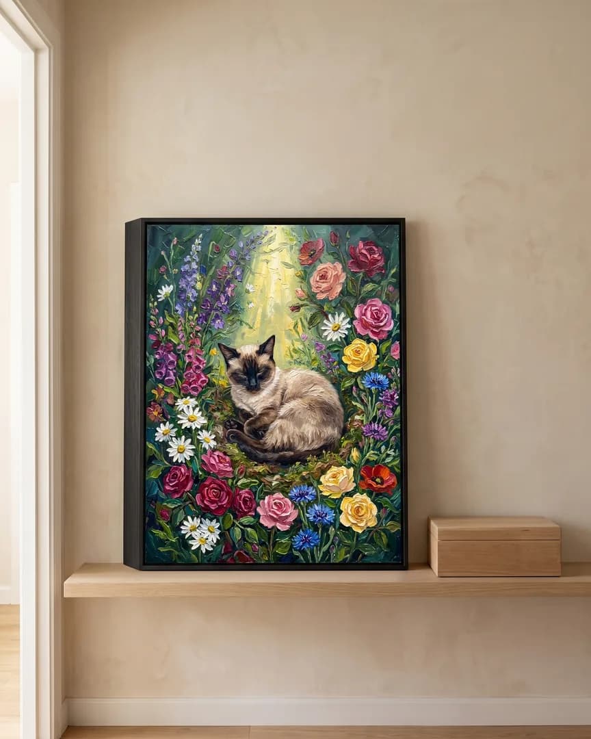 A black framed canvas of Sable, a Siamese, a Wildflower Rest portrait, on a hallway shelf beside a keepsake box.