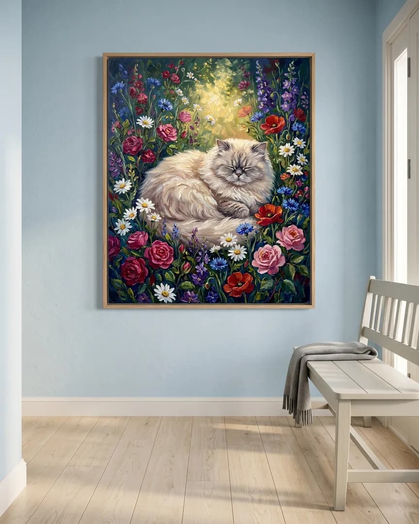 A natural-oak framed canvas of Frost, a Persian, a Wildflower Rest portrait, hung above an entry bench.