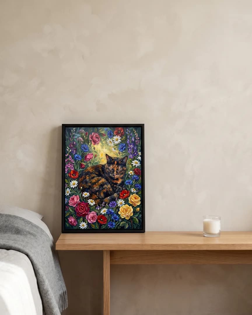 A black framed canvas of Autumn, a tortoiseshell domestic shorthair, a Wildflower Rest portrait, on a bedside table beside an unlit candle.