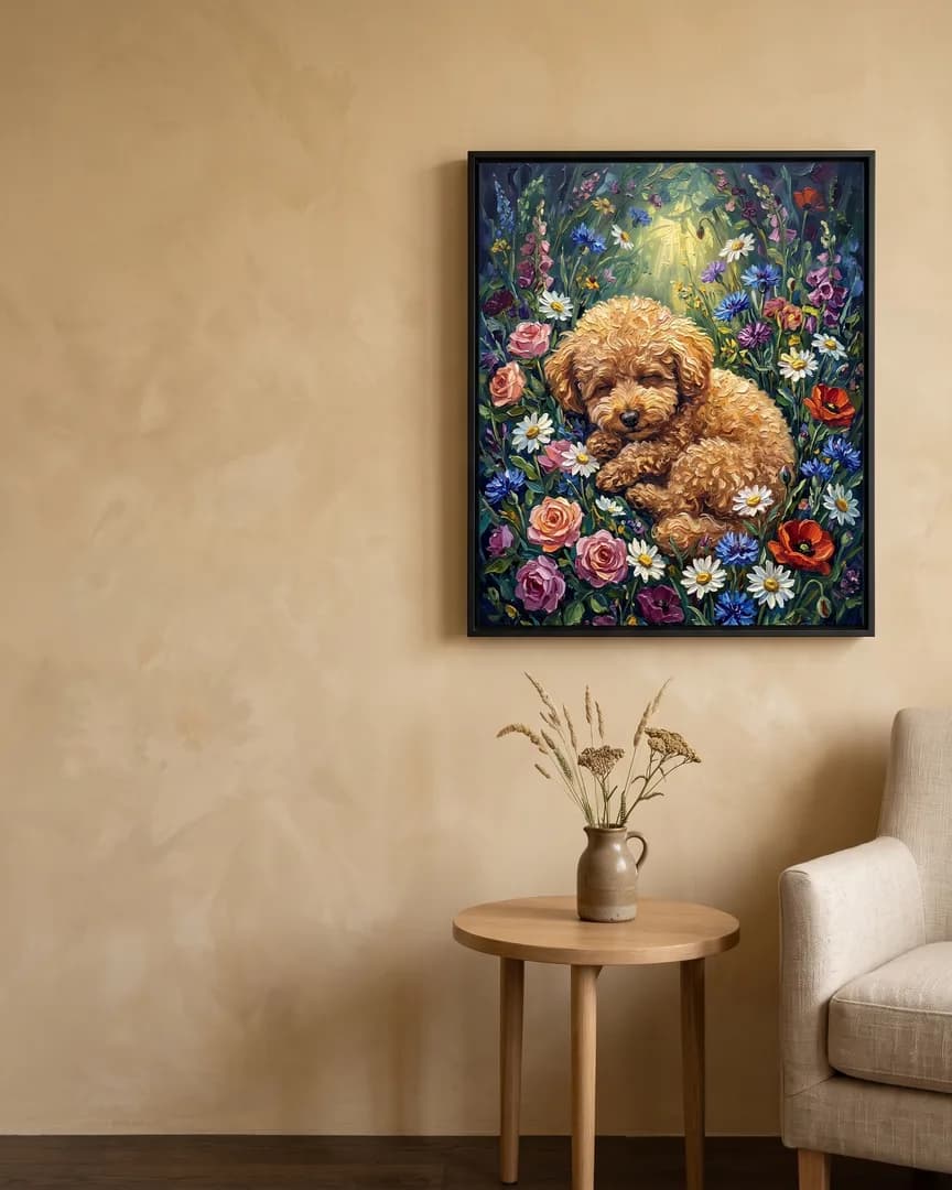 A black framed canvas of Mimi, a toy poodle, a Wildflower Rest portrait, hung above a reading corner's side table.