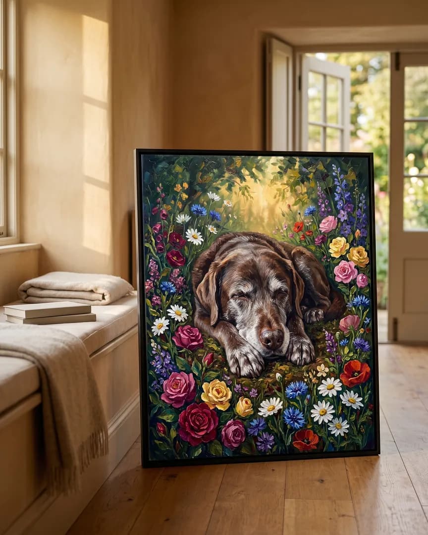 A black framed canvas of Moose, a chocolate labrador retriever, a Wildflower Rest portrait, standing on a window seat.