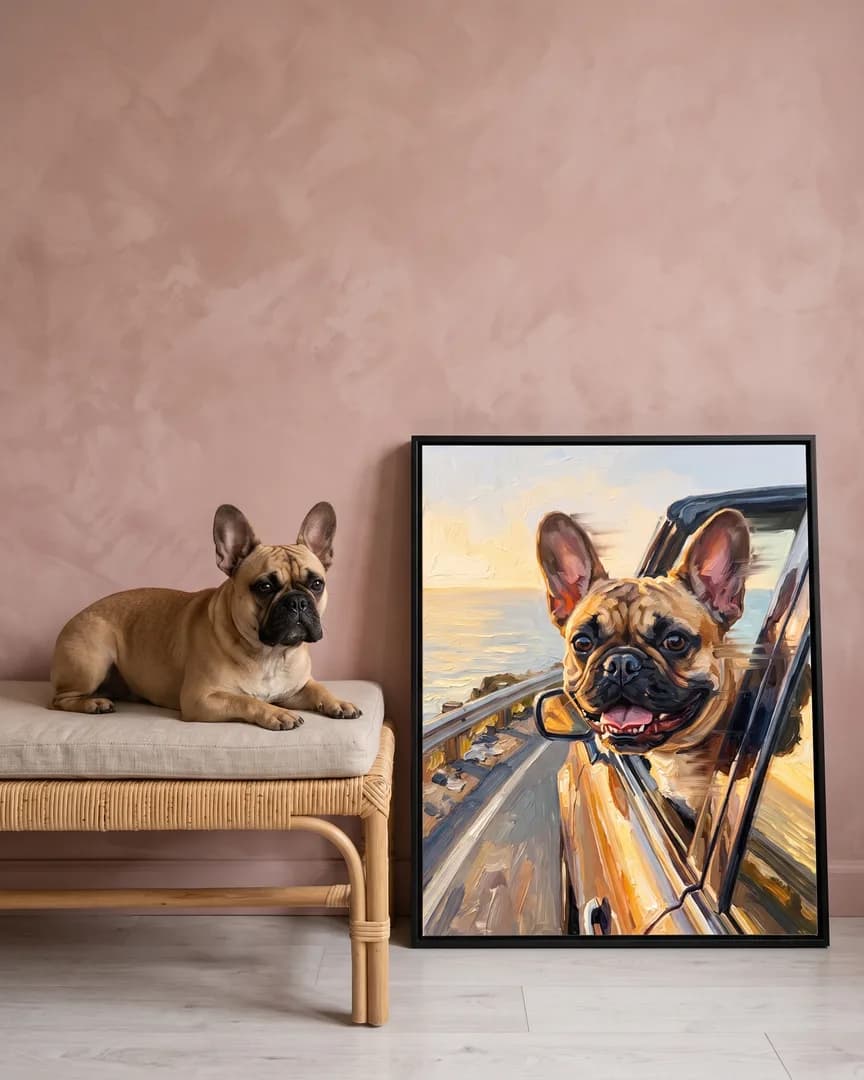 Gus, a French bulldog, beside a black framed canvas of their own Wind and Waves portrait.