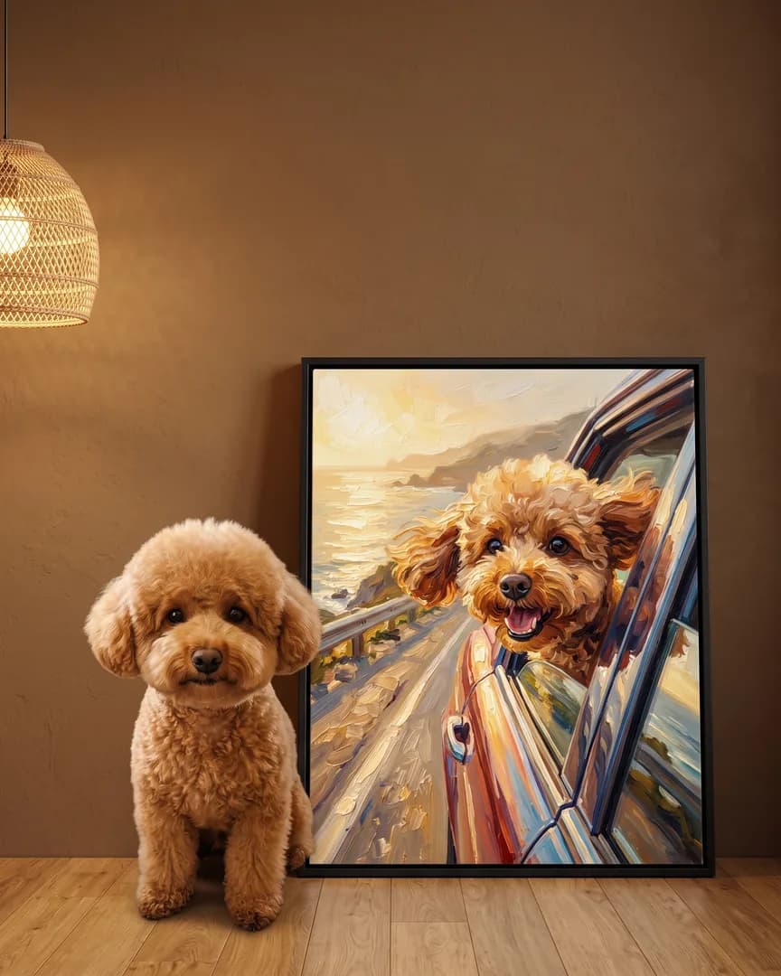 Mimi, a toy poodle, beside a black framed canvas of their own Wind and Waves portrait.
