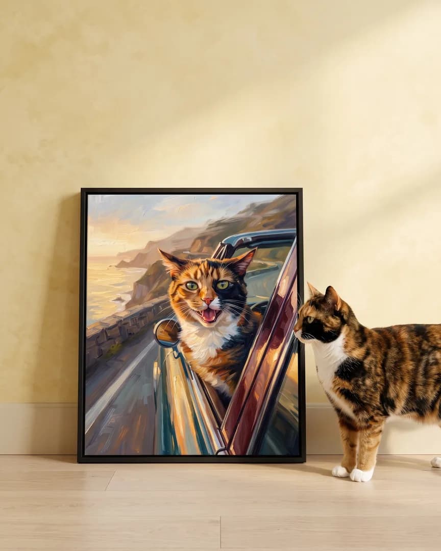 Patch, a calico domestic shorthair, beside a black framed canvas of their own Wind and Waves portrait.
