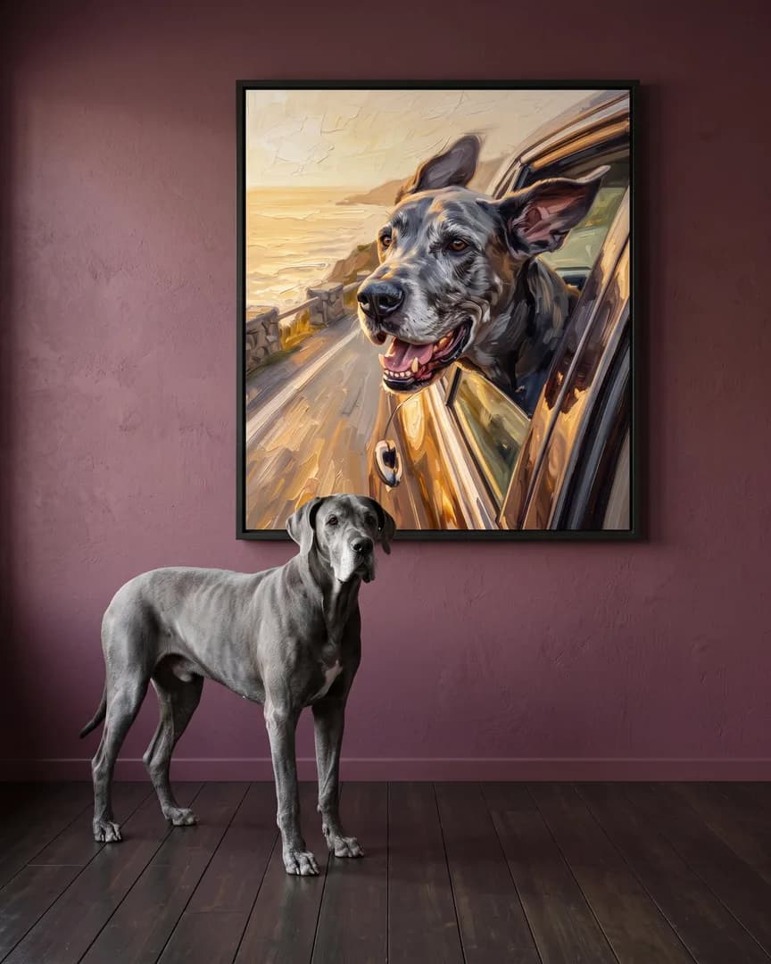 Duke, a Great Dane, beside a black framed canvas of their own Wind and Waves portrait.
