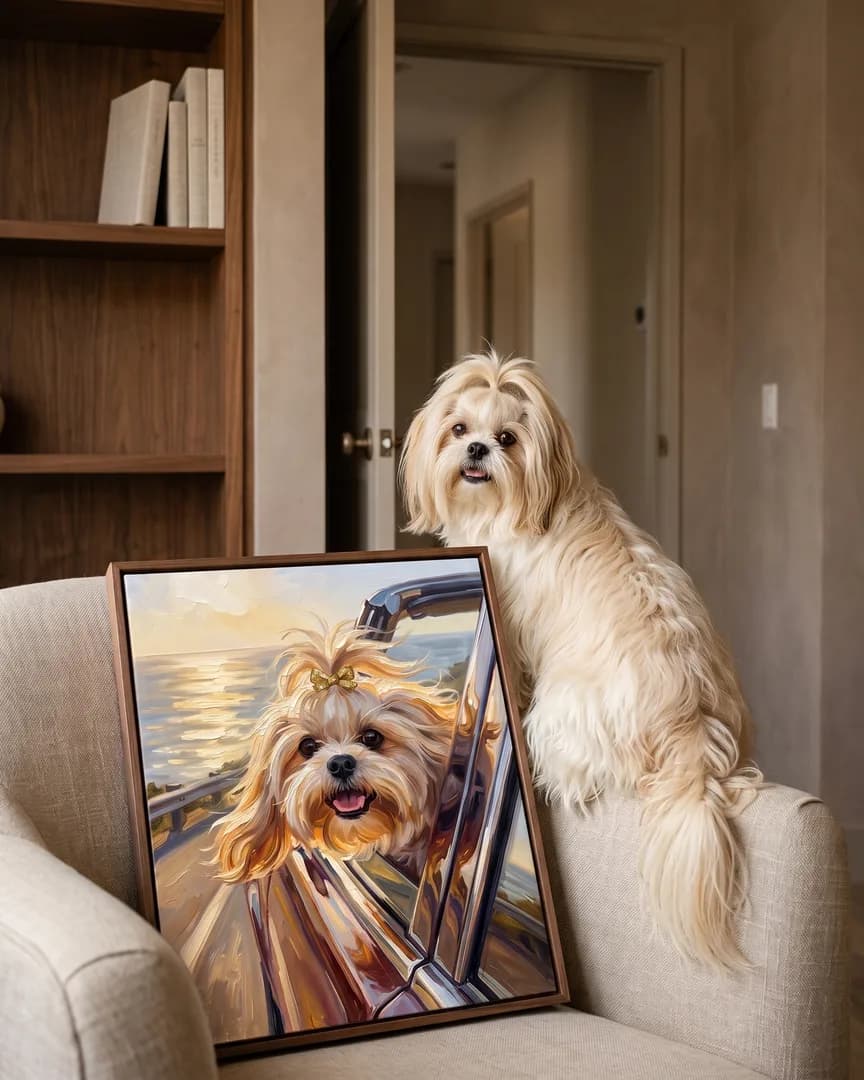 Coco, a Shih Tzu, beside a brown framed canvas of their own Wind and Waves portrait.
