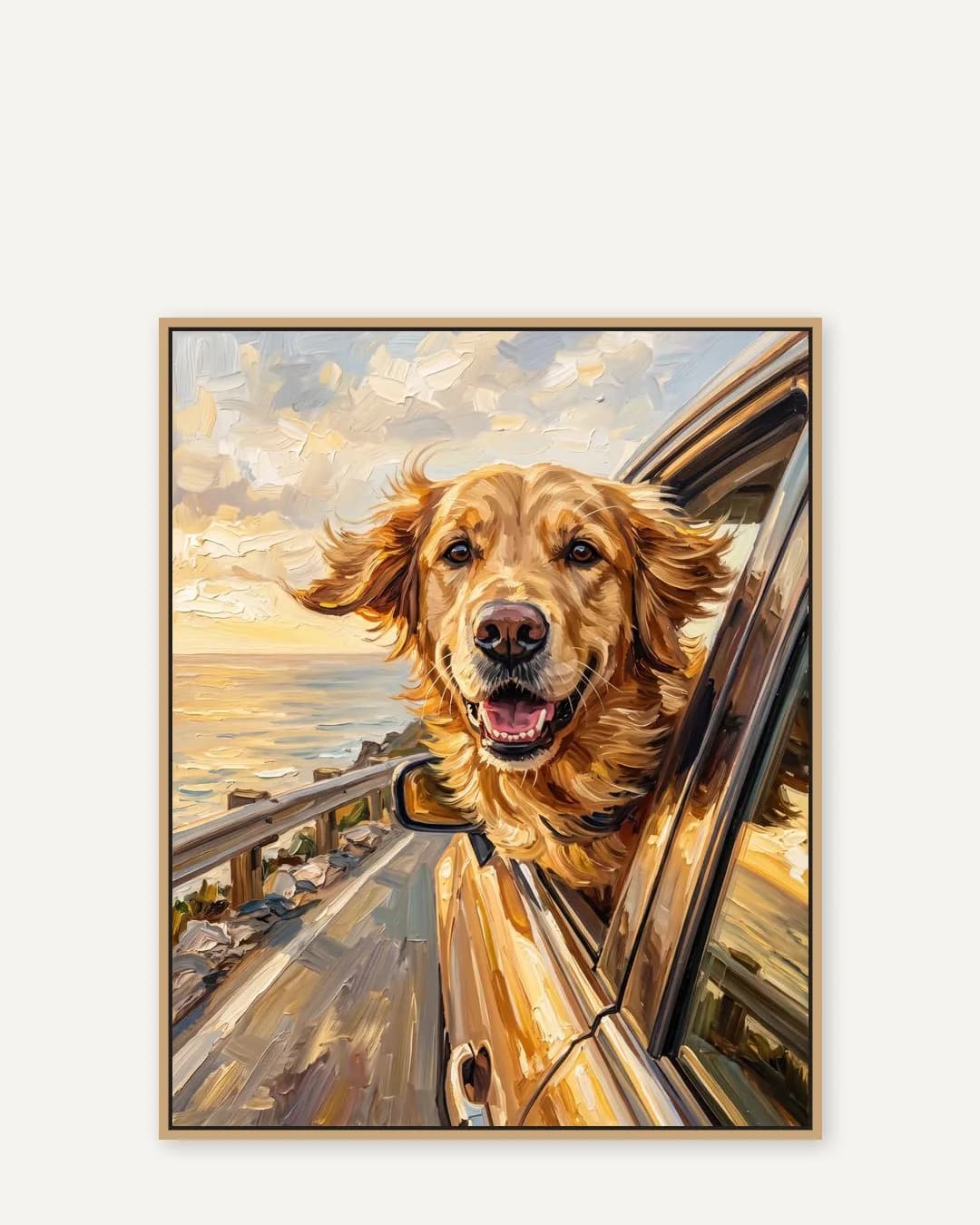 A natural-oak float-framed canvas of Sunny, a golden retriever, a gentle Wind and Waves portrait kept close.