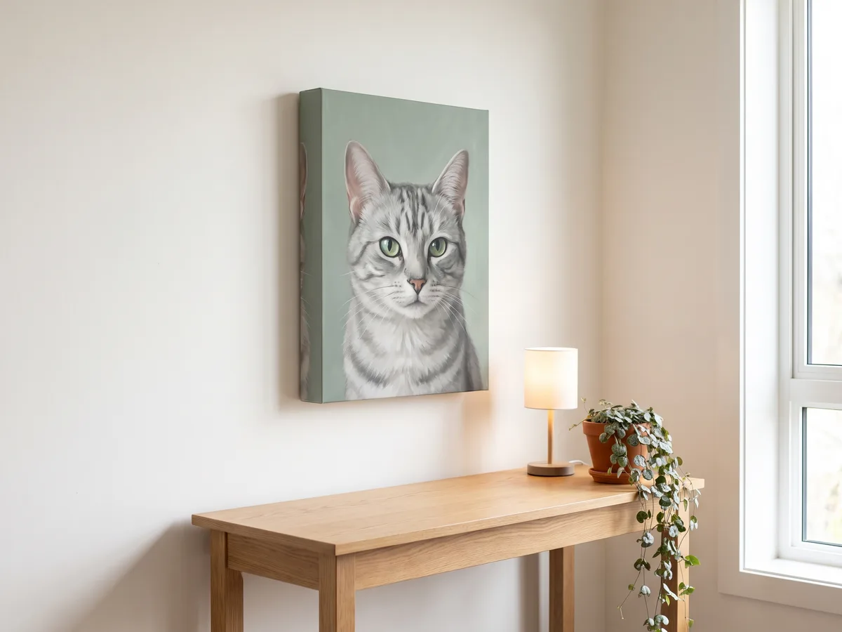 An unframed stretched canvas portrait of a grey tabby cat seen from an angle, showing the depth of the bar and the mirrored image wrapping around the side edge