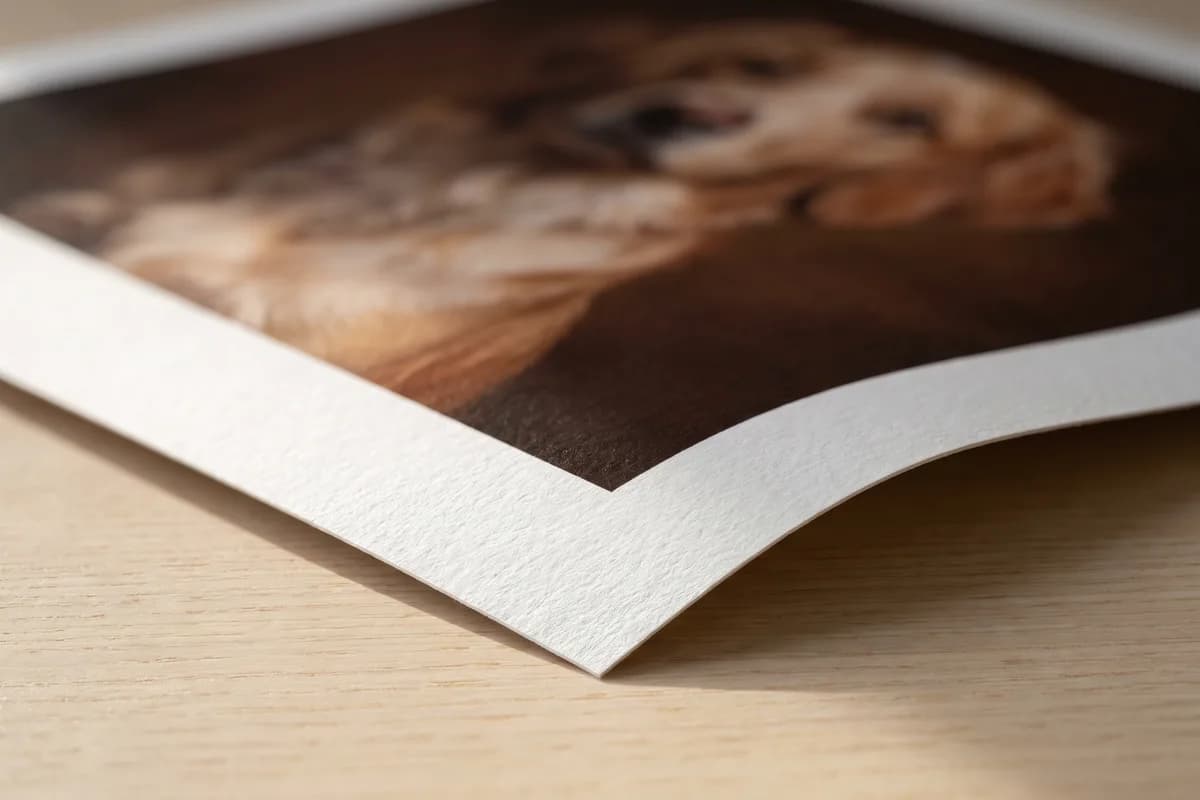 A macro view of the corner of a matte paper print, with raking light showing the fibrous texture of the paper and the thickness of the sheet