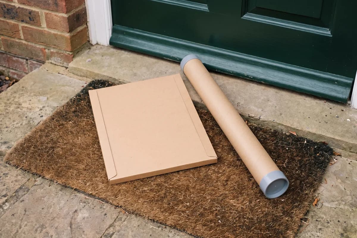 A plain flat cardboard mailer and a plain postal tube waiting on a doorstep beside a doormat