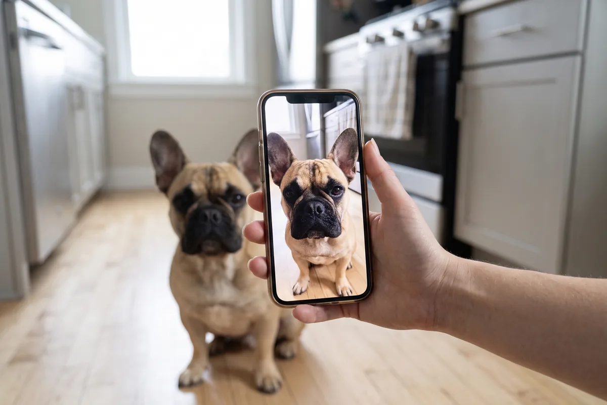 A hand holding a phone in a kitchen, photographing a fawn French bulldog sitting on the floor, with the dog visible on the phone screen