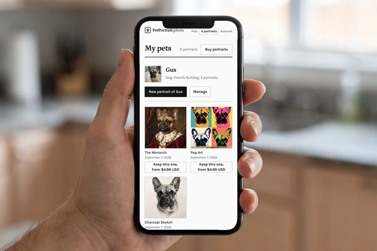 A hand holding a phone in a kitchen, showing three watermarked previews of the same French bulldog in three different styles, each labelled with its style name