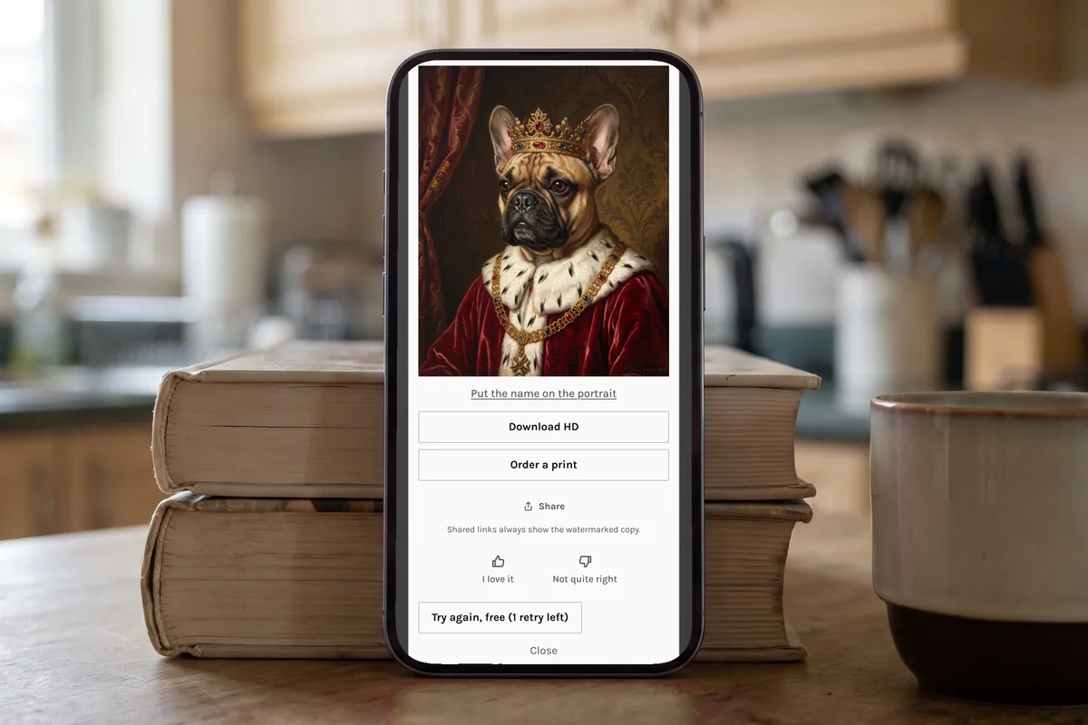 A phone propped on a kitchen worktop showing the finished portrait of a French bulldog with no watermark, above the button that saves the print ready file