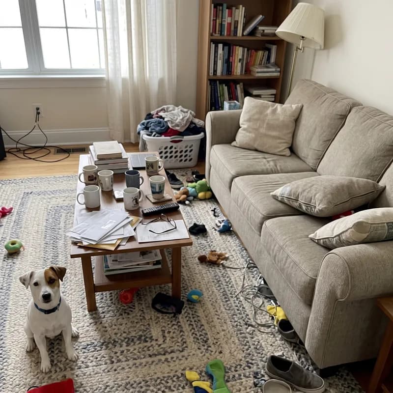 A phone photo taken from across a cluttered living room, with a Jack Russell terrier small and lost in the frame