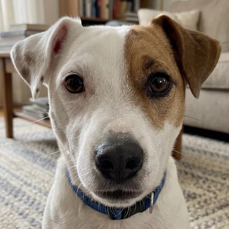 A phone photo of a Jack Russell terrier with its face filling the frame, looking straight at the camera in soft daylight