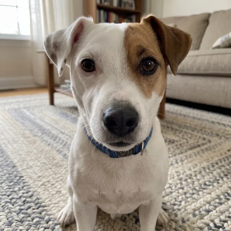 A phone photo of a Jack Russell terrier facing a window, its face evenly lit by soft daylight with catchlights in both eyes