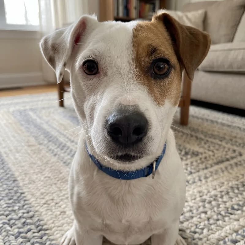 A phone photo of a Jack Russell terrier holding still and looking at the camera, its eyes and whiskers crisply in focus