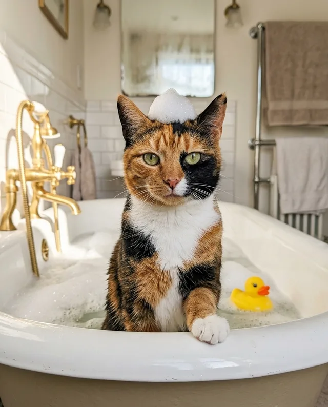 Bubble Bath: example portrait of a calico cat