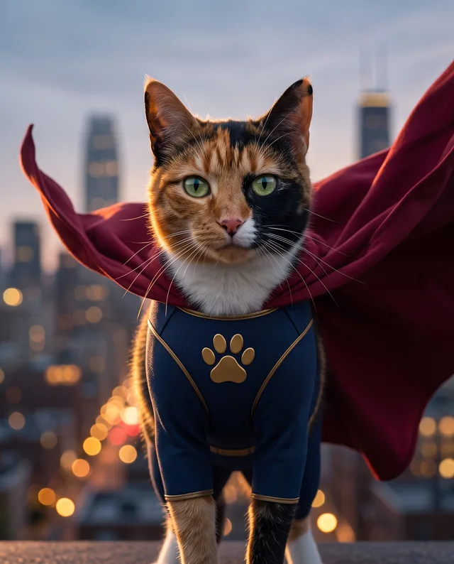 Caped Crusader: example portrait of a calico cat