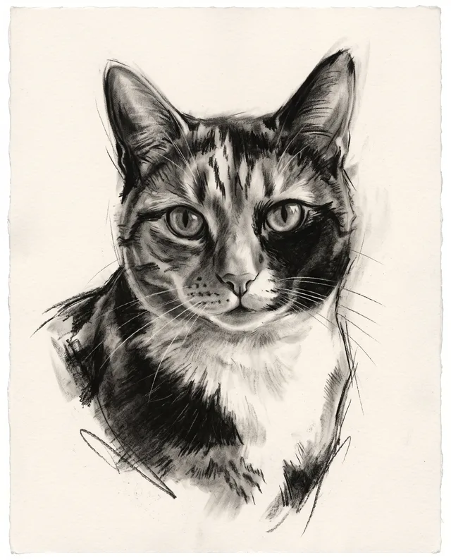 Charcoal Sketch: example portrait of a calico cat