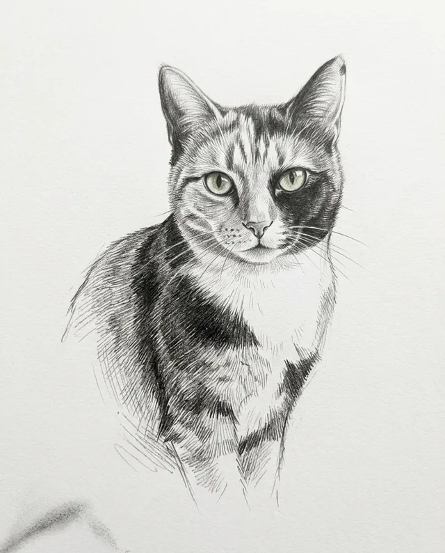 Pencil Sketch: example portrait of a calico cat