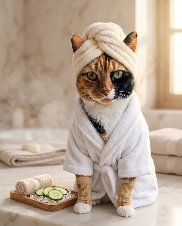 Spa Day: example portrait of a calico cat