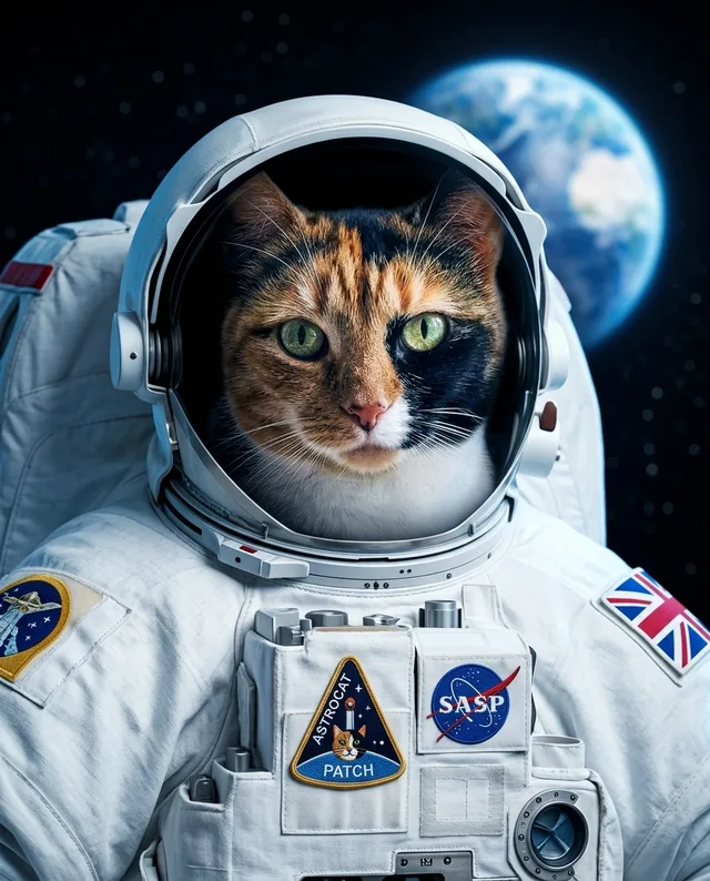 The Astronaut: example portrait of a calico cat