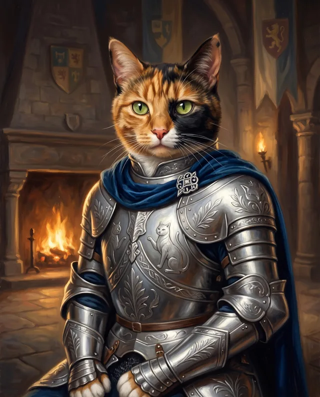 The Knight: example portrait of a calico cat