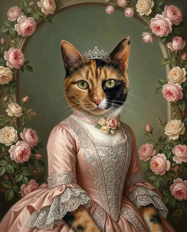 The Rose Queen: example portrait of a calico cat
