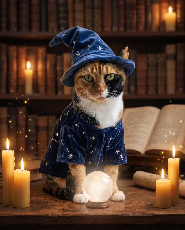 The Wizard: example portrait of a calico cat